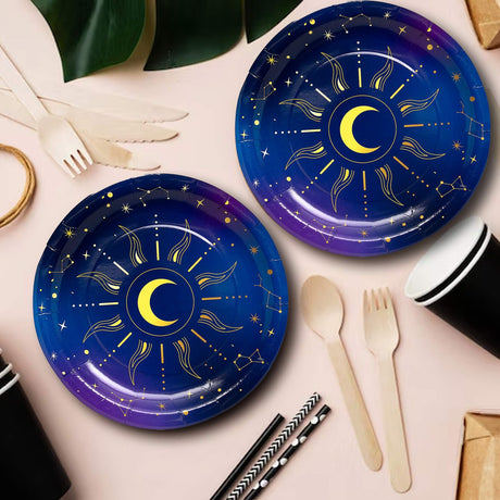 Celestial Sun and Moon Paper Dinner Plates 9 Inch 8 Count for Party Table Settings