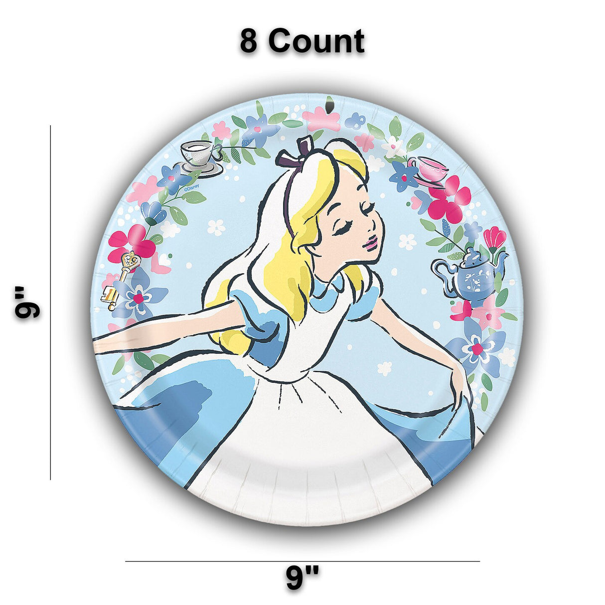 8 Count Alice in Wonderland Pastel Floral Paper Dinner Plates 9" Birthday Party Plates