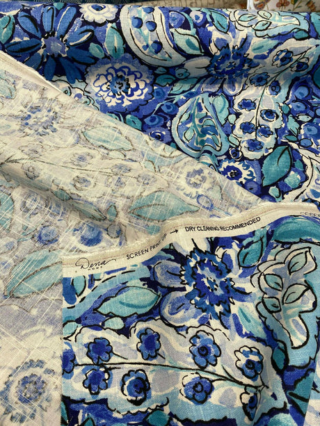 Dena Home Sweet Summer Linen Rayon Fabric - Blue Floral, 54" Width (1 Yard)