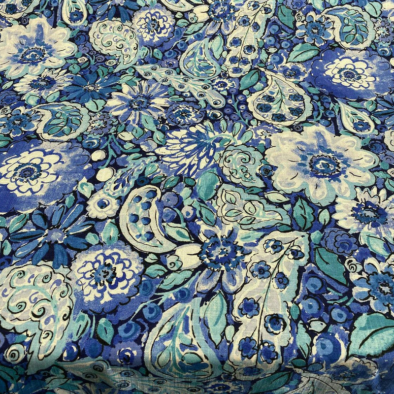 Dena Home Sweet Summer Linen Rayon Fabric - Blue Floral, 54" Width (1 Yard)