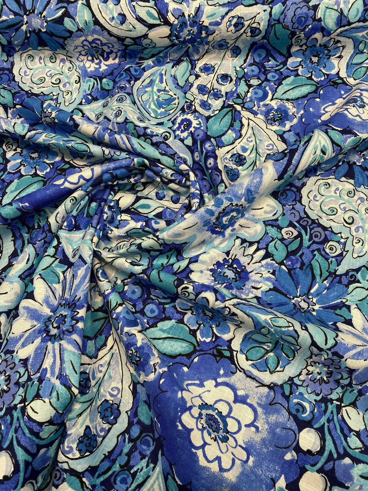 Dena Home Sweet Summer Linen Rayon Fabric - Blue Floral, 54" Width (1 Yard)