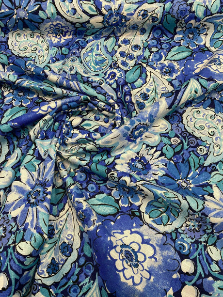 Dena Home Sweet Summer Linen Rayon Fabric - Blue Floral, 54" Width (1 Yard)