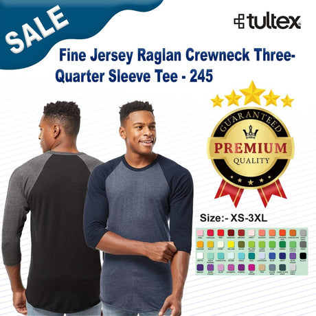 TULTEX® Fine Jersey Raglan Crewneck Three-Quarter Sleeve Tee