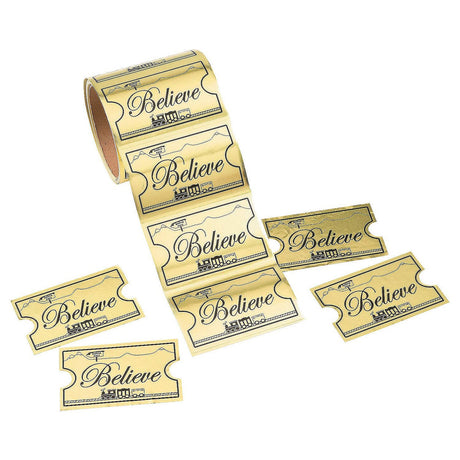3 1/2" Jumbo Gold Foil Believe Train Ticket Sticker Roll 100 Pc