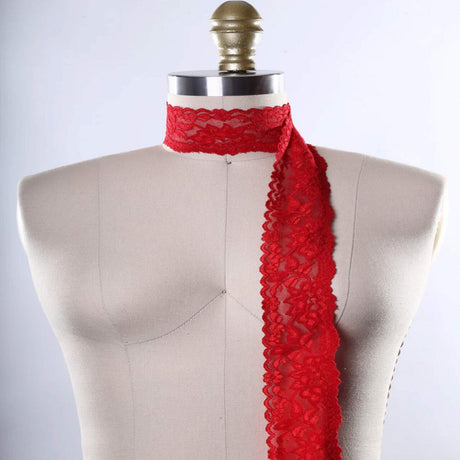 2 Yards Candy Apple Red Stretch Lace 2" Wide Floral Elastic Trim for Lingerie, Overlays & Accents