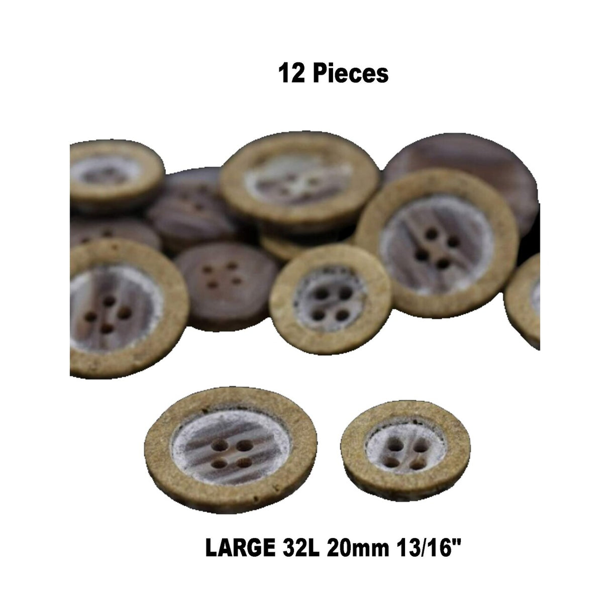12 Large Sanded Faux Wood Buttons 32L (20mm / 13/16") Four-Hole Plastic Multipurpose Buttons