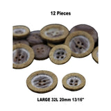 12 Large Sanded Faux Wood Buttons 32L (20mm / 13/16") Four-Hole Plastic Multipurpose Buttons