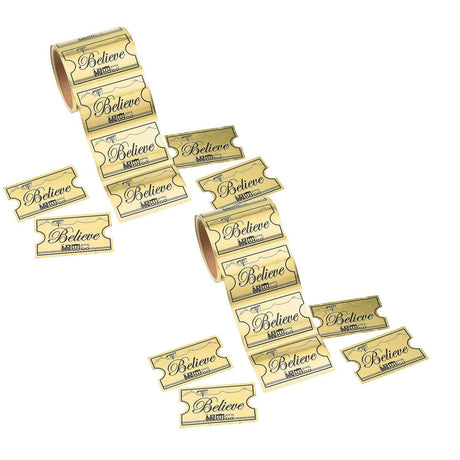 3 1/2" Jumbo Gold Foil Believe Train Ticket Sticker Roll 100 Pc