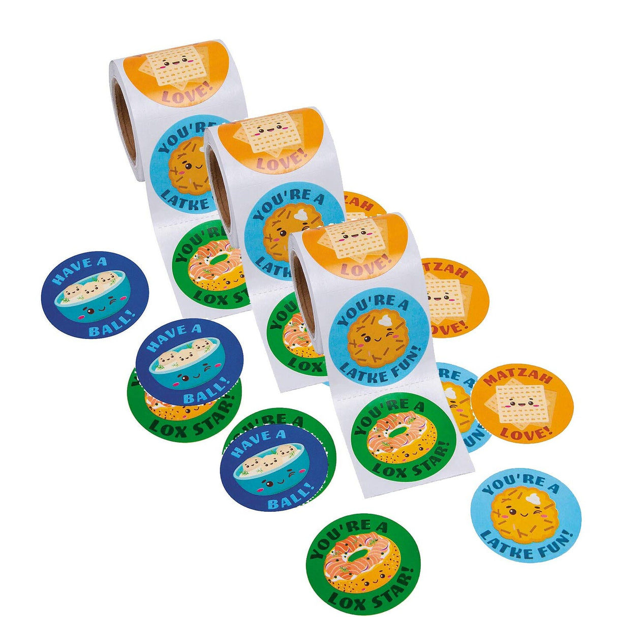 2 1/2" Bulk 100 Pc Hanukkah Jewish Food Characters Sticker Roll