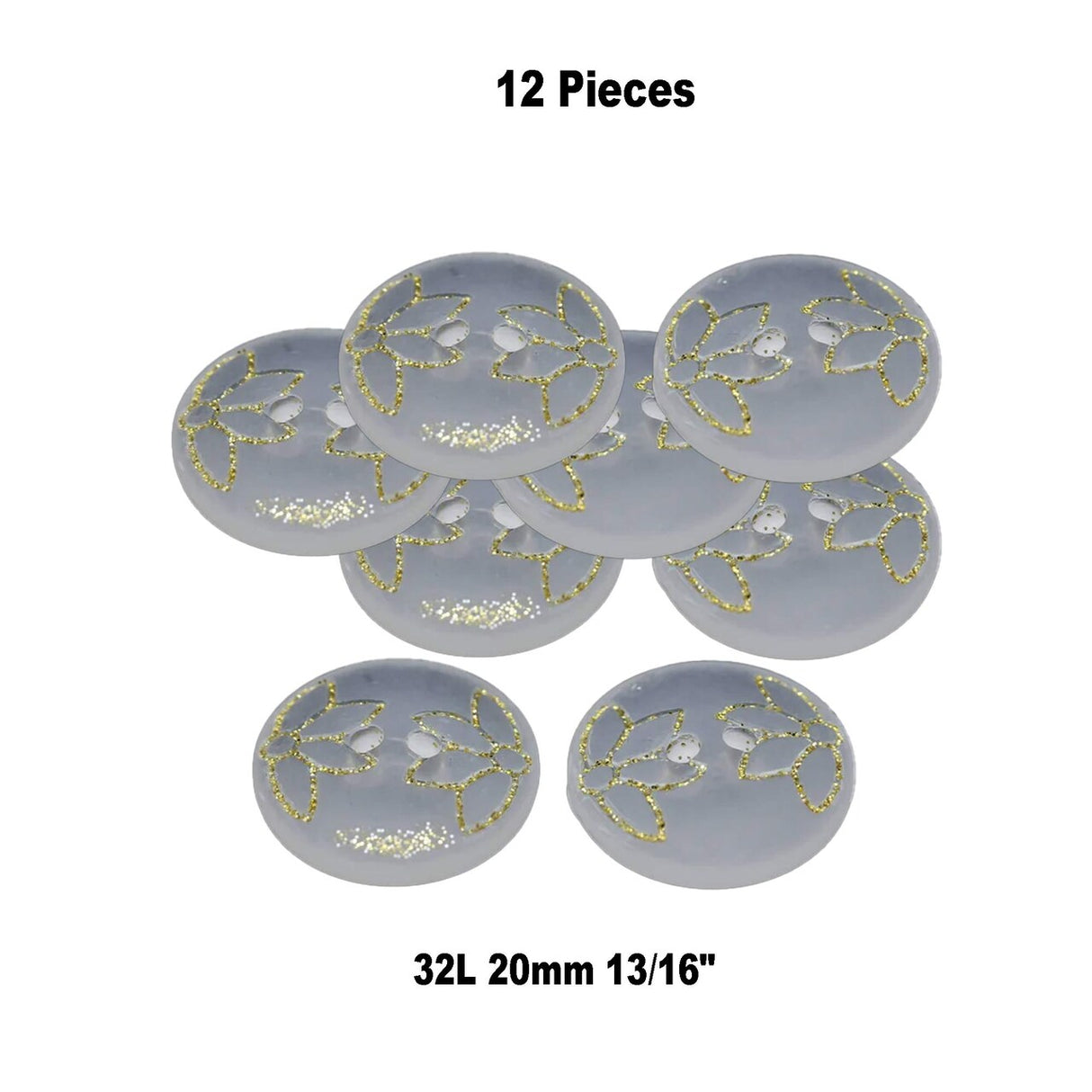 12 Pieces Clear Frosted Gold Glitter Tulip Design Buttons 13/16 Inch