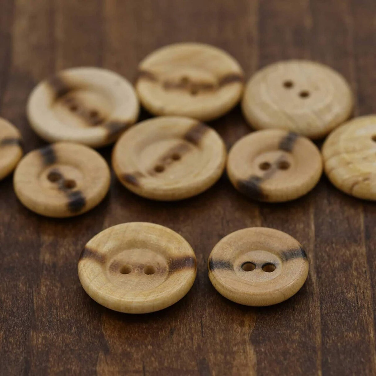 12 Wooden Burnt Center Flat Buttons Two-Hole Wood Shop, 23mm (15/16") Large Size