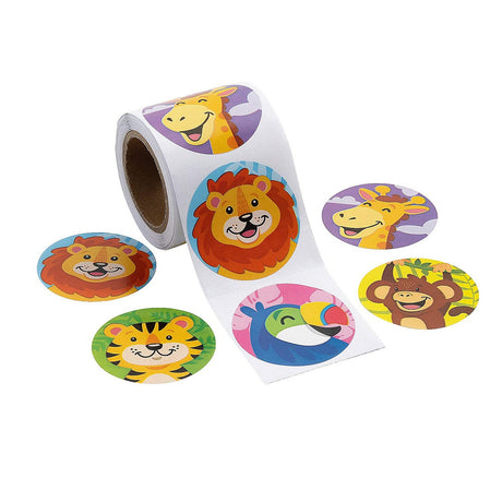 1 1/2" Happy Zoo Animal Multicolor Paper Sticker Roll 100 Pc