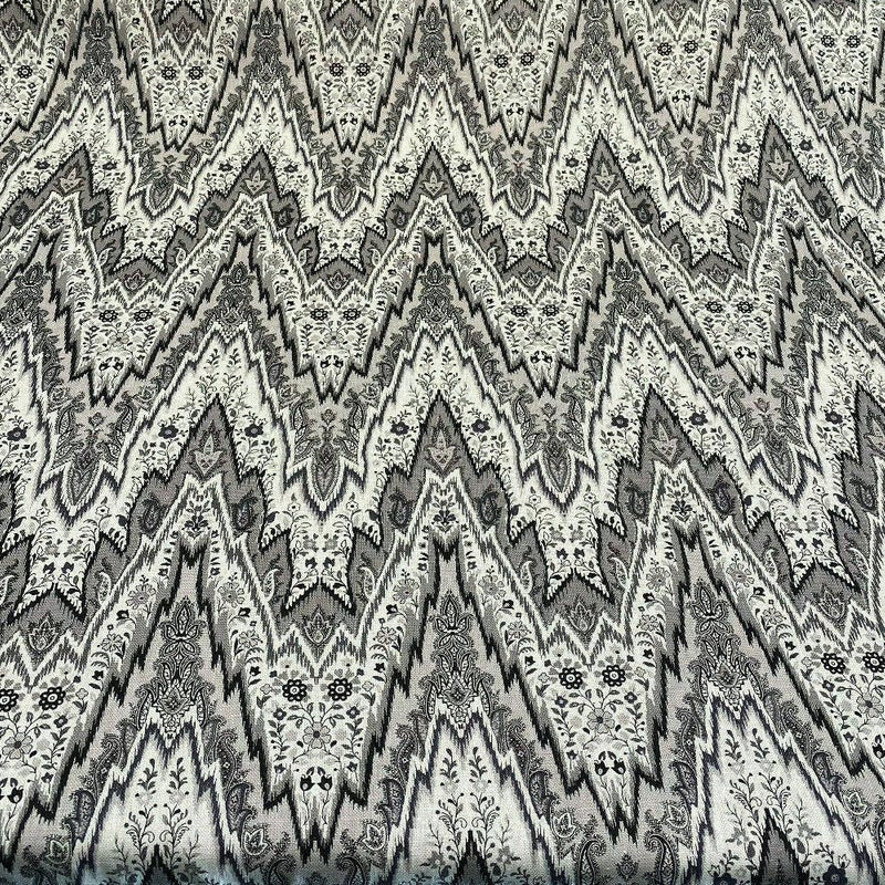 Bray Flamestitch Linen Fabric - Black, White, Silver Gray Chevron Pattern, 54" Width (1 Yard)