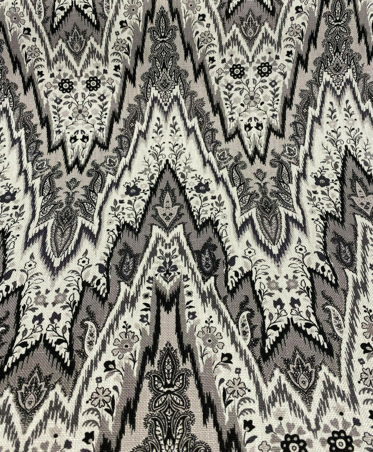 Bray Flamestitch Linen Fabric - Black, White, Silver Gray Chevron Pattern, 54" Width (1 Yard)