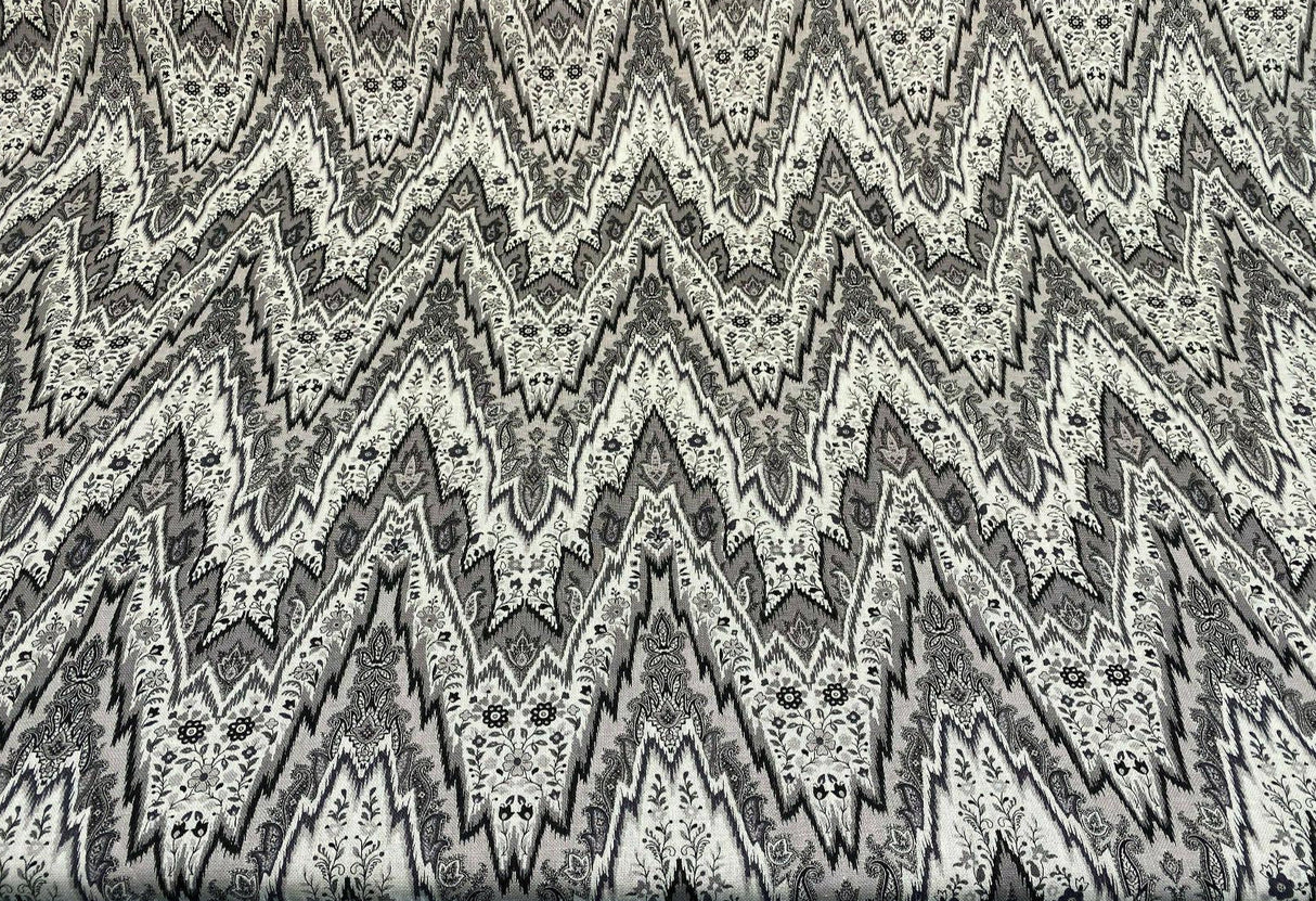 Bray Flamestitch Linen Fabric - Black, White, Silver Gray Chevron Pattern, 54" Width (1 Yard)