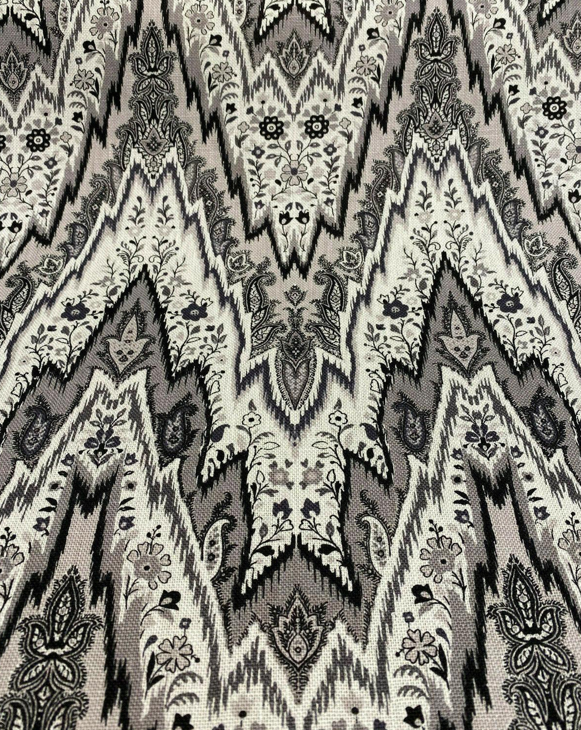 Bray Flamestitch Linen Fabric - Black, White, Silver Gray Chevron Pattern, 54" Width (1 Yard)