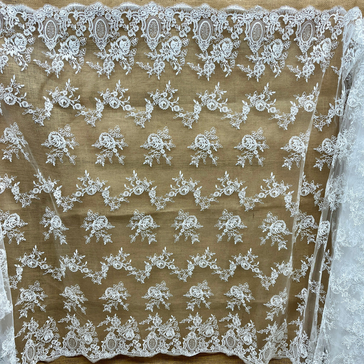 1 Yard Corded Bridal Lace Fabric Embroidered on 100% Polyester Net Mesh, 52" Wide