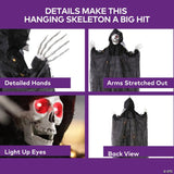 35 1/2" Hanging Light-Up Skeleton with Hooded Black Cloak Halloween Decoration