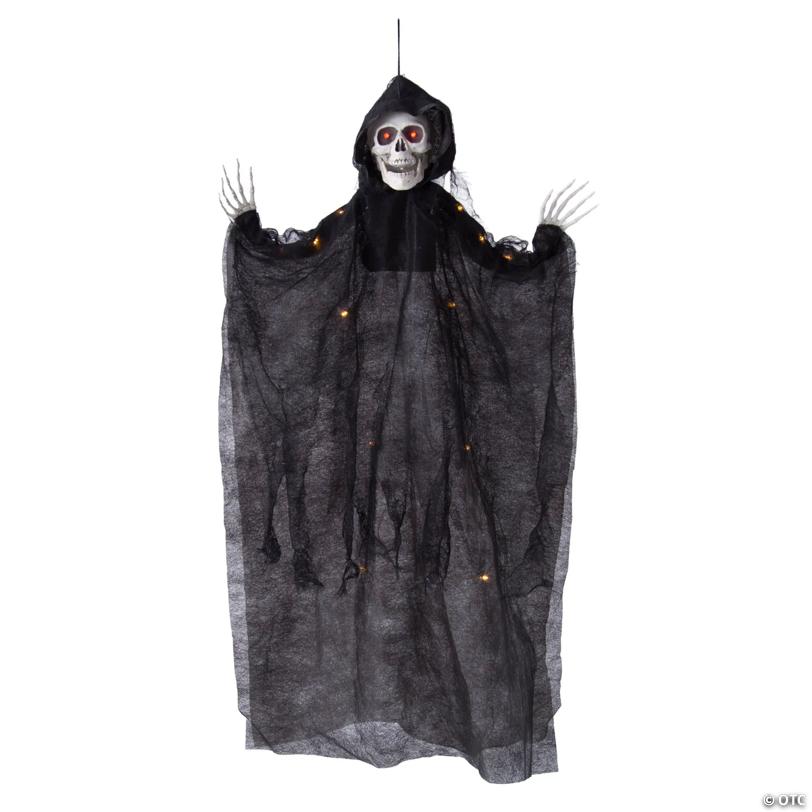 35 1/2" Hanging Light-Up Skeleton with Hooded Black Cloak Halloween Decoration
