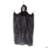 35 1/2" Hanging Light-Up Skeleton with Hooded Black Cloak Halloween Decoration