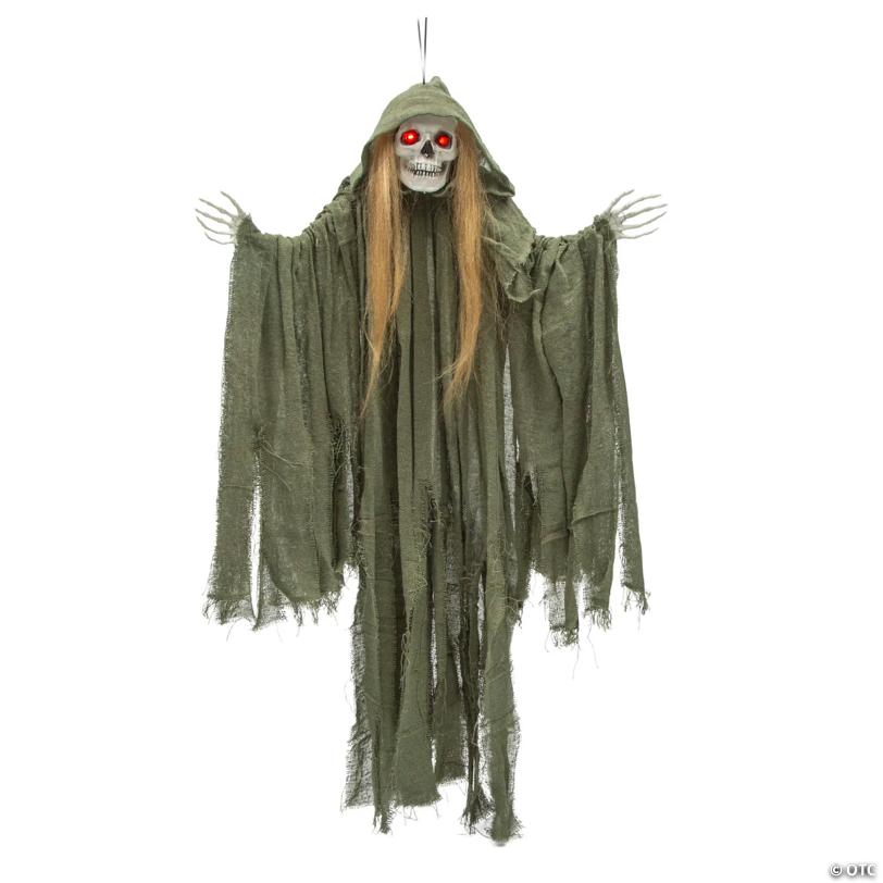35 1/2" Light-Up Hanging Long Hair Skeleton Reaper Halloween Decoration