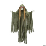 35 1/2" Light-Up Hanging Long Hair Skeleton Reaper Halloween Decoration