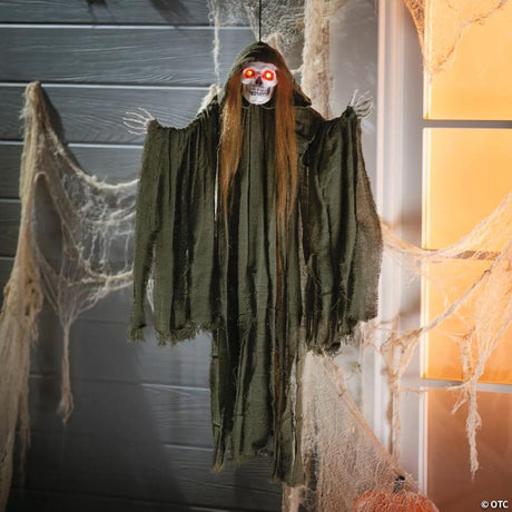 RADYAN Light-Up Hanging Long Hair Skeleton Reaper Halloween Decoration shown in a clear product image