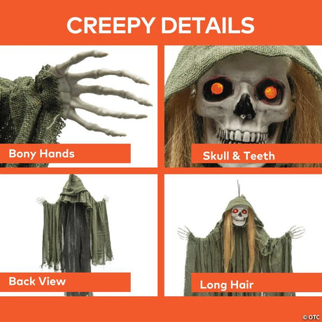 RADYAN Light-Up Hanging Long Hair Skeleton Reaper Halloween Decoration shown in a clear product image