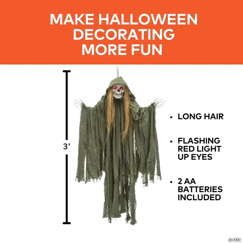 35 1/2" Light-Up Hanging Long Hair Skeleton Reaper Halloween Decoration