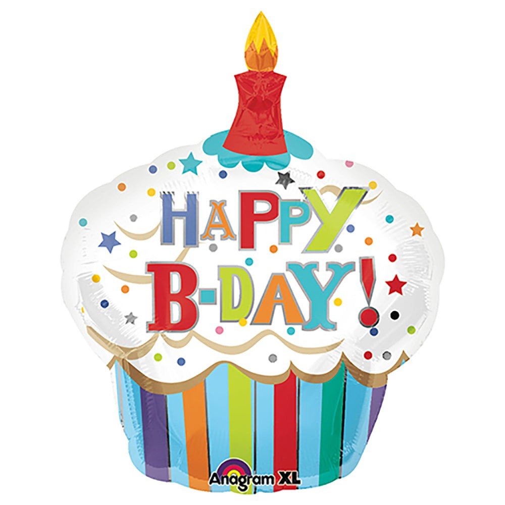 36 Inch Happy Birthday Striped Cupcake Foil Balloon