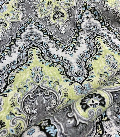 Waverly Palace Sari Cotton Fabric - Elephant, Ivory Background With Black, Light Blue, Light Green Shades And Grey Tones, 54" Width (1 Yard)