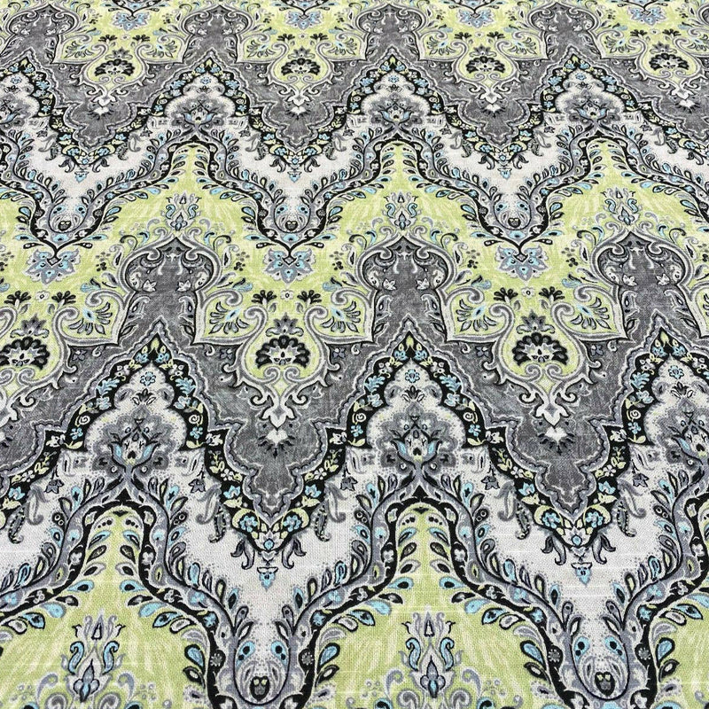 Waverly Palace Sari Cotton Fabric - Elephant, Ivory Background With Black, Light Blue, Light Green Shades And Grey Tones, 54" Width (1 Yard)