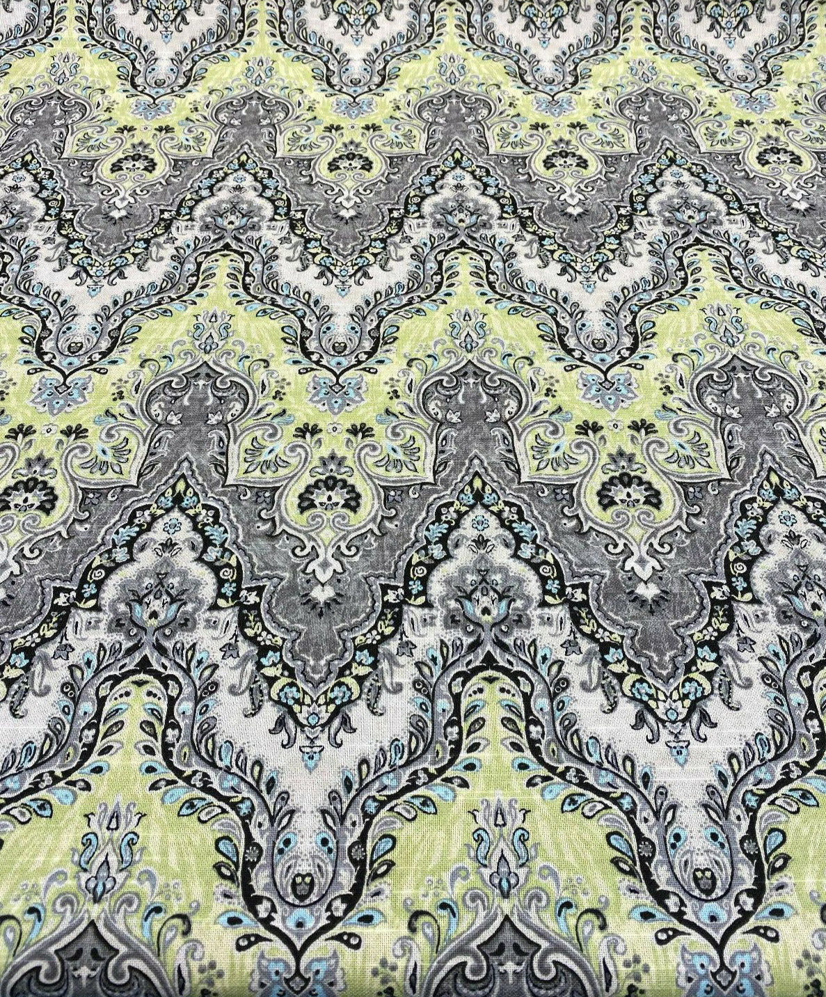 Waverly Palace Sari Cotton Fabric - Elephant, Ivory Background With Black, Light Blue, Light Green Shades And Grey Tones, 54" Width (1 Yard)