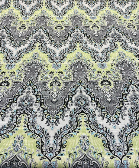 Waverly Palace Sari Cotton Fabric - Elephant, Ivory Background With Black, Light Blue, Light Green Shades And Grey Tones, 54" Width (1 Yard)