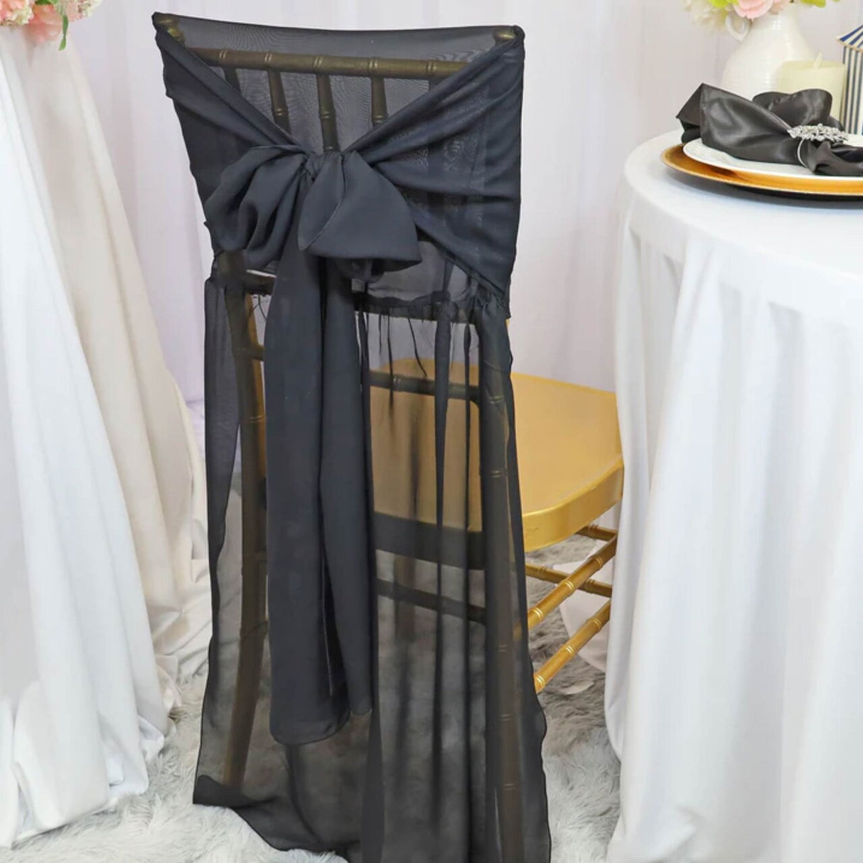 1 Piece Elegant Black Chiffon Chiavari Chair Cover with Attached Sash Perfect for Weddings and Special Events