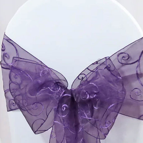 10 Pieces Eggplant Embroidered Organza Chair Sashes Elegant Purple Event Chair Decor 8"x108"