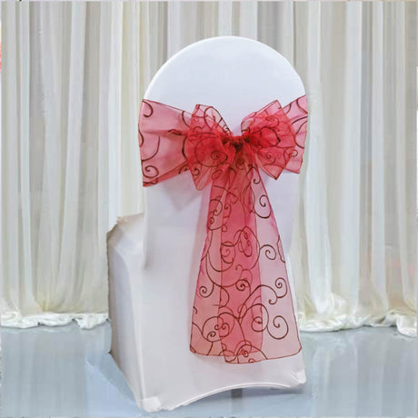 10 Pieces Apple Red Sheer Embroidered Organza Chair Sashes 8"x108" for Weddings & Events