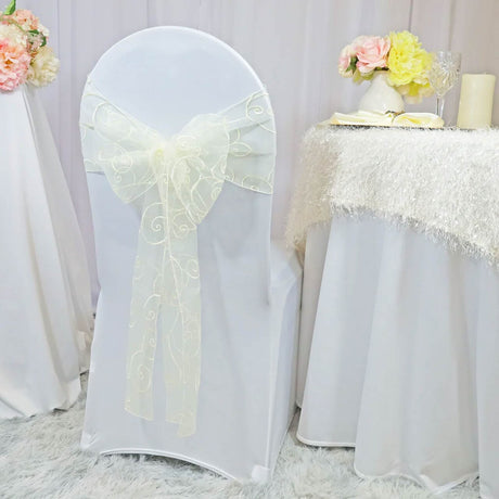 10 Pieces Ivory Embroidered Organza Chair Sashes Sheer Elegant Chair Bows 8"x108"