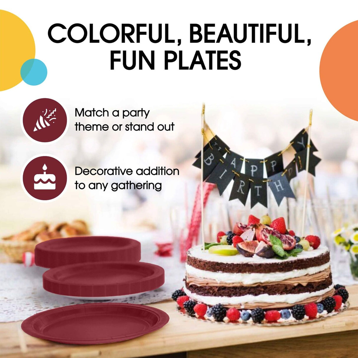 50 Count Burgundy Paper Plates Elegant Disposable Party Celebrations for Events 7"