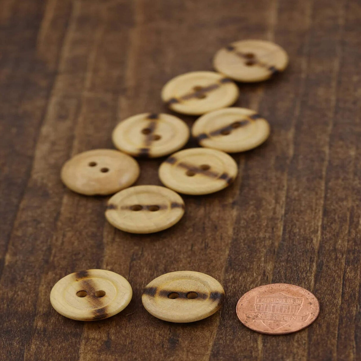12 Wooden Burnt Center Flat Buttons Two-Hole Wood Shop, 23mm (15/16") Large Size