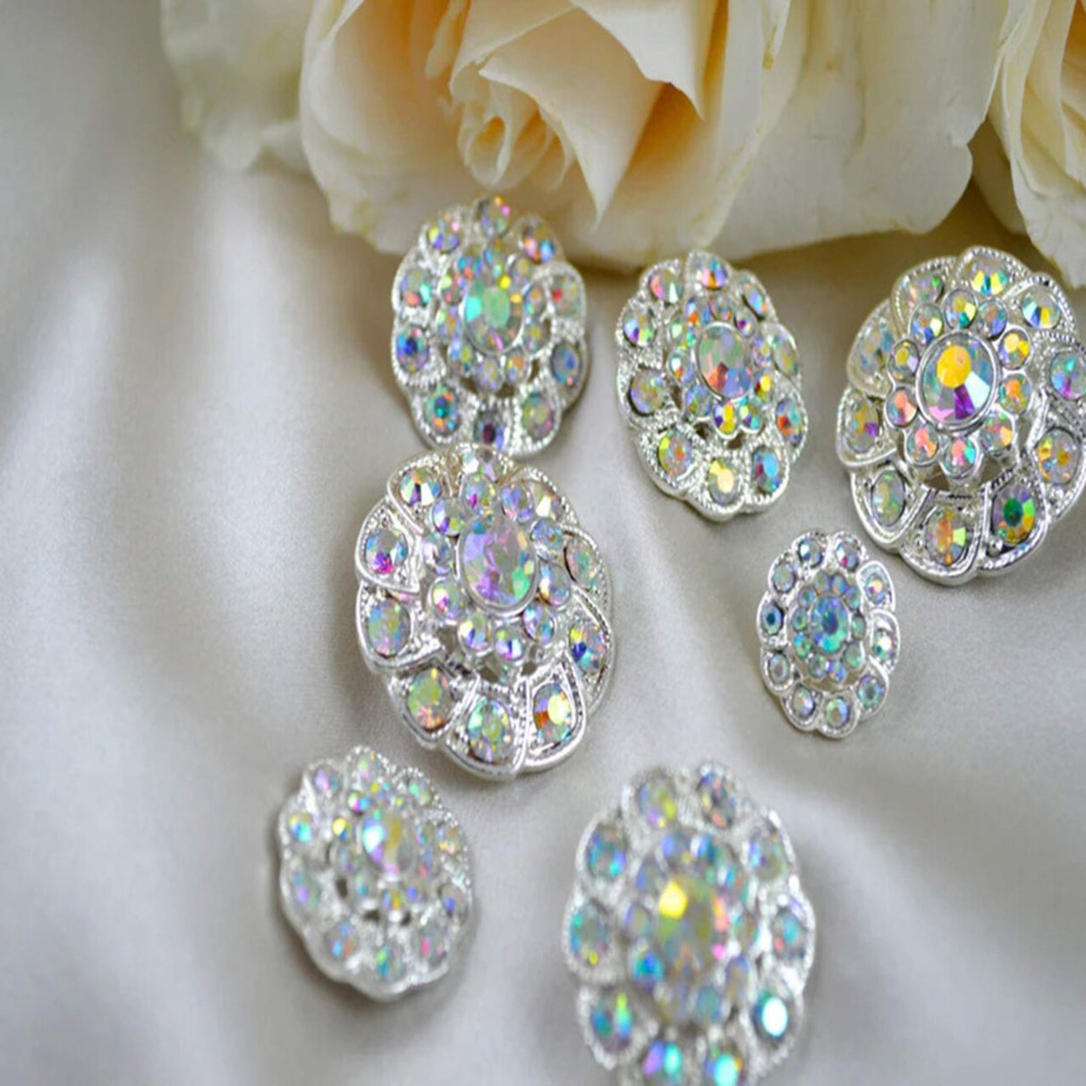 1 1/8" Size Elegant Silver AB Rhinestone Flower Button