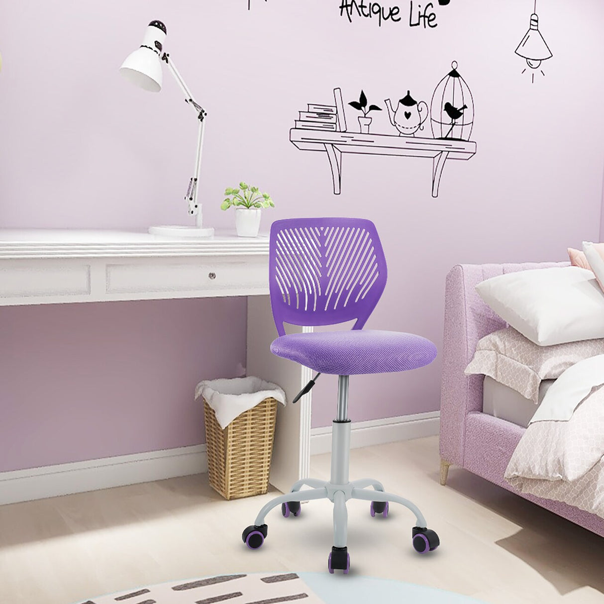 Costway Office Task Desk Armless Chair Adjustable Mid Back Swivel Study Chair Rose\Blue\Turquoise\Purple