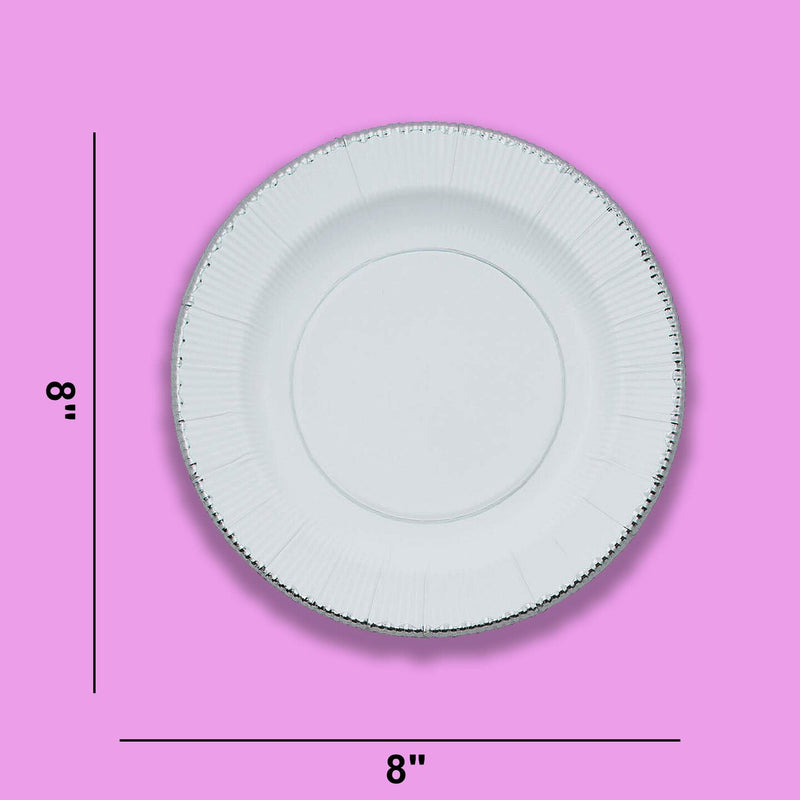 8 Count White Paper Dessert Plates with Silver Trim 8"
