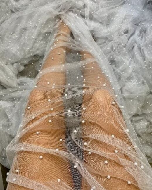 White Pearl Beaded Glittery Tulle