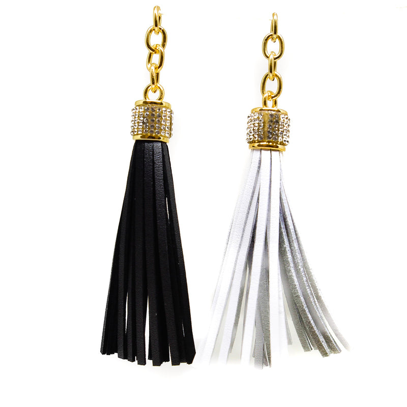 Leather Tassel Rhinestone Gold Accent 4in