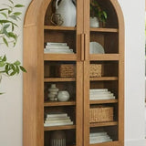 71" Tall Arched Display Cabinet, 5-Tier Bookshelf Modern Farmhouse Arched Bookcase with Glass Doors and Shelves, Wooden Pantry Storage Cabinet for Living Room, Office and Kitchen, Black