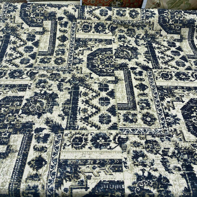 Romito Sapphire Navy Blue Chenille Fabric - Diamond Jacquard, Navy Blue/Beige/Gold Hint, 54" Width (1 Yard)