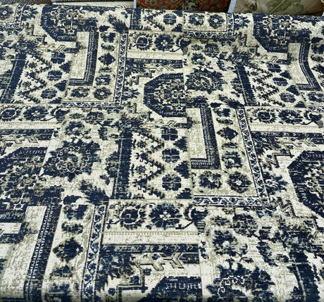 Romito Sapphire Navy Blue Chenille Fabric - Diamond Jacquard, Navy Blue/Beige/Gold Hint, 54" Width (1 Yard)