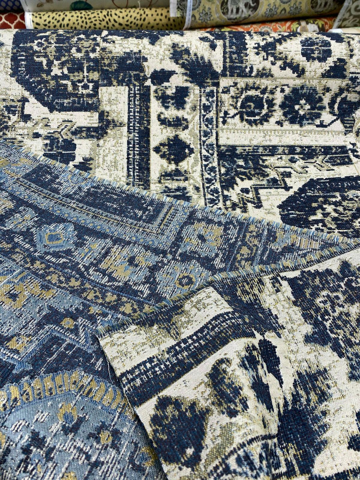 Romito Sapphire Navy Blue Chenille Fabric - Diamond Jacquard, Navy Blue/Beige/Gold Hint, 54" Width (1 Yard)