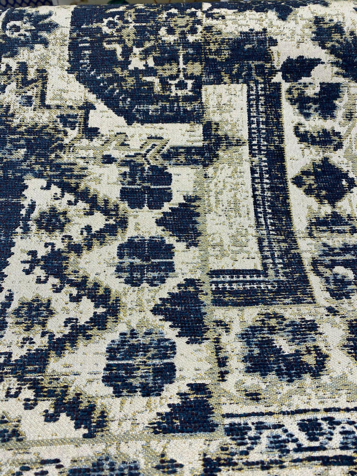 Romito Sapphire Navy Blue Chenille Fabric - Diamond Jacquard, Navy Blue/Beige/Gold Hint, 54" Width (1 Yard)